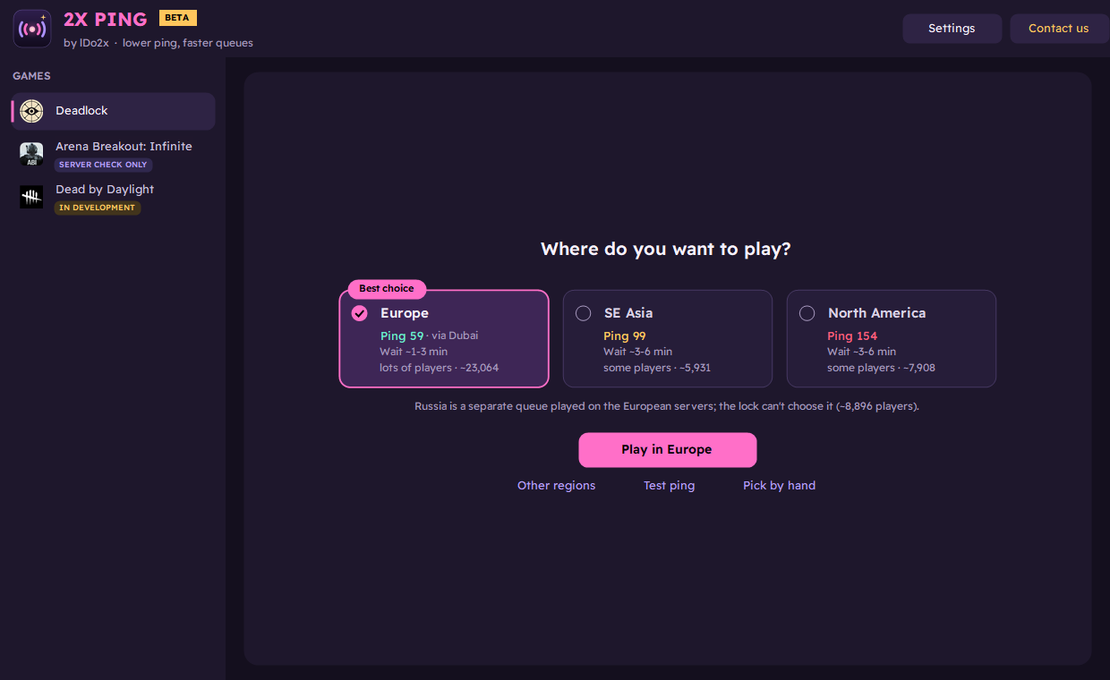 2X Ping showing Deadlock regions with ping, queue time and player count